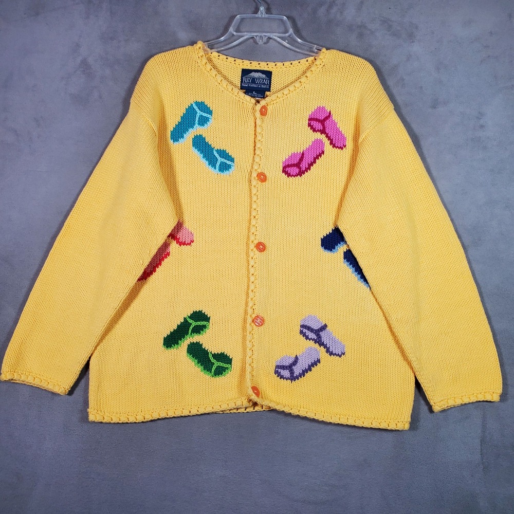 Rey Wear Cardigan Sweater Womens L Yellow Flip Flops Hand Knit Artsy‎ Kitsch